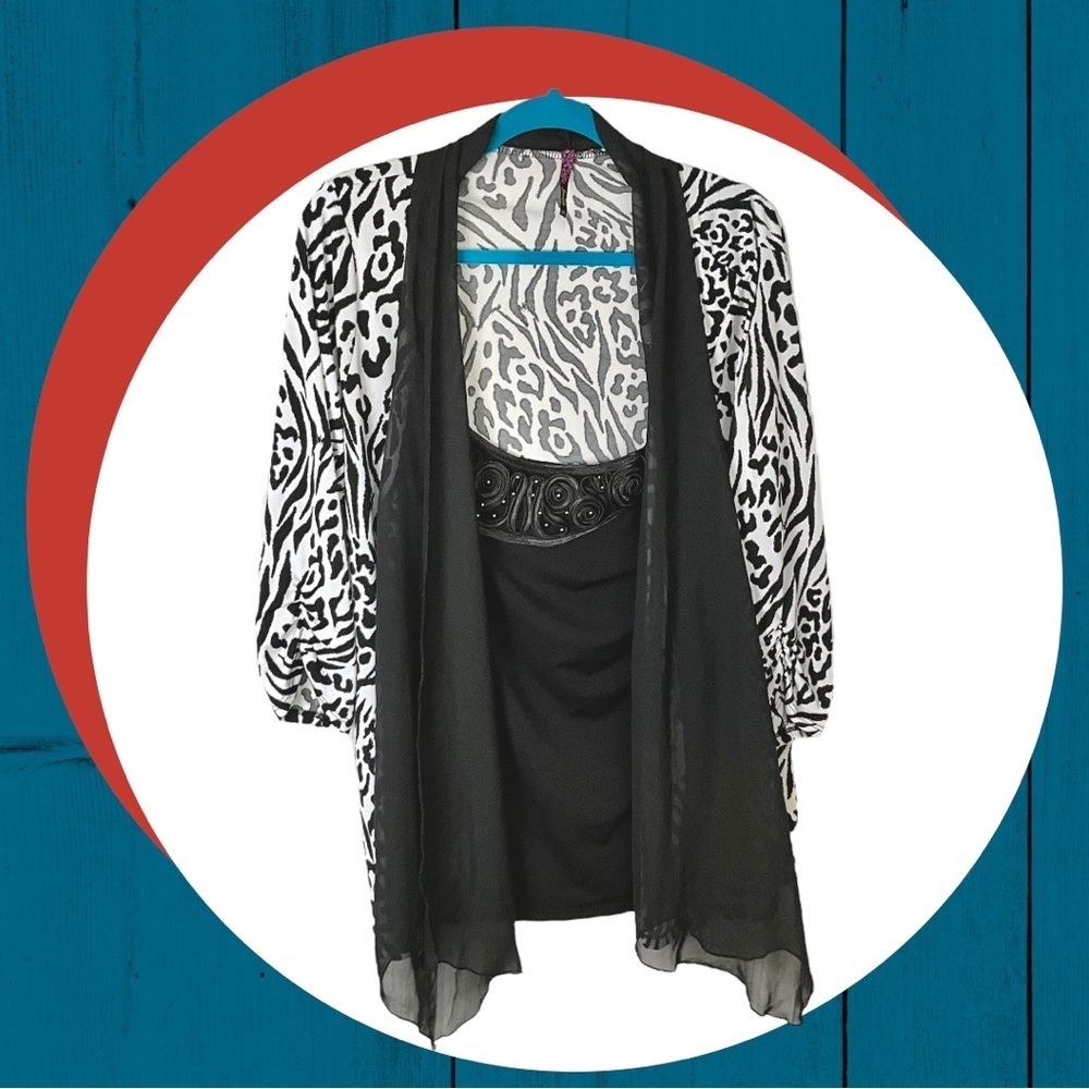 Judith Black & White Zebra/Leopard Print Blouse w Attached Cami & Scarf Wm 2X